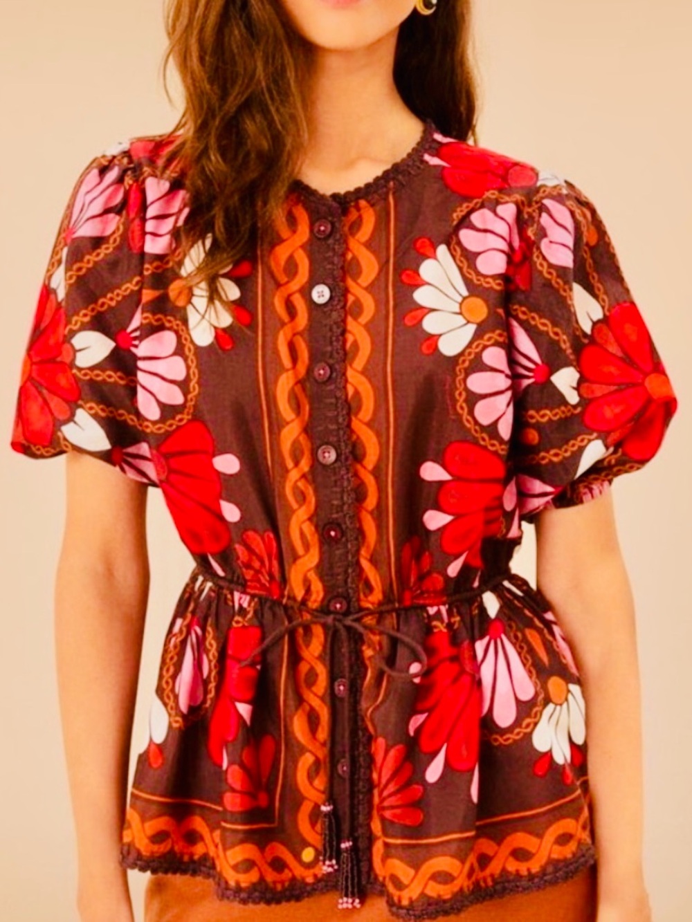 Farm Rio Miranda Brown Floral Button Front Blouse - 🆕 - XL